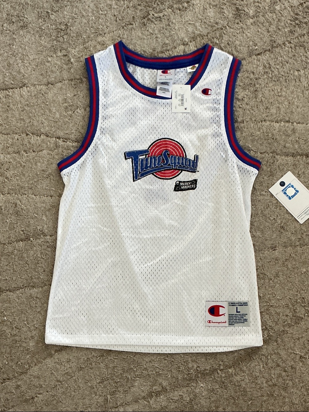 Champion White TuneSquad Mesh Basketball Jersey with Red & Blue Trim